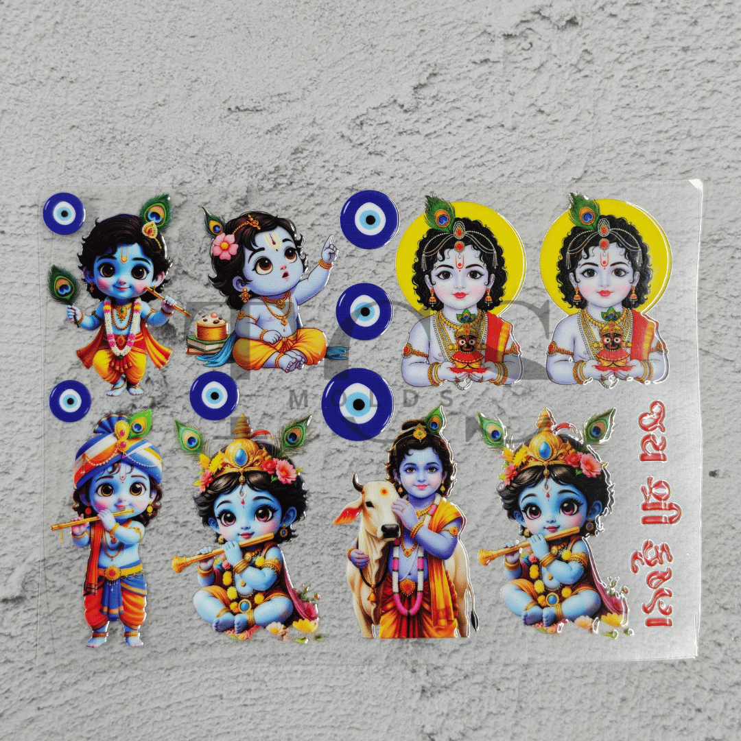 Lord Krishna UV DTF transfer sheet with evil eye designs