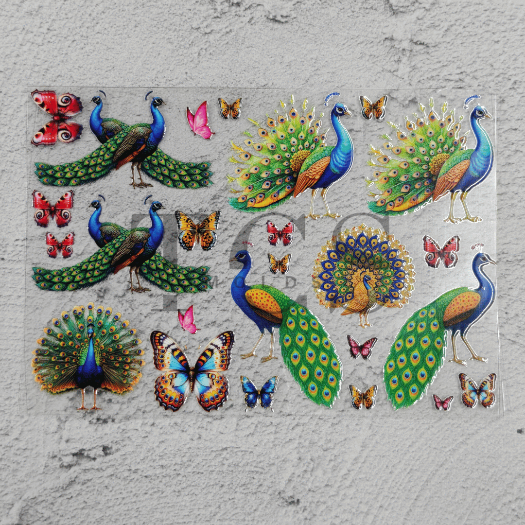 Peacock and butterfly UV DTF transfer sheet