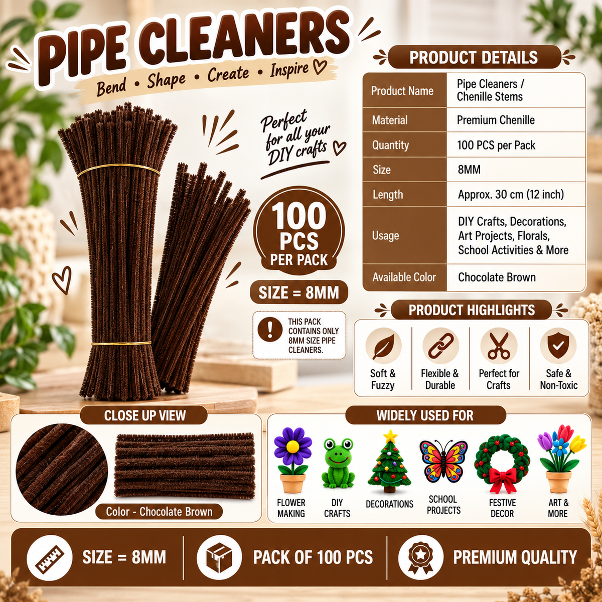 Chocolate Brown Colour Pipe Cleaner 8mm - Thick Chenille Stem Fluffy Craft Wire