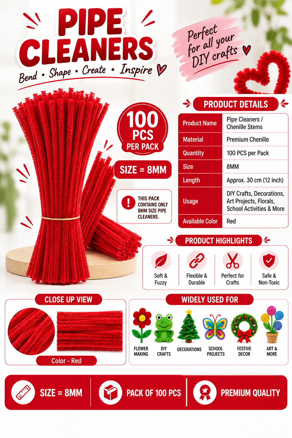 Red Colour Pipe Cleaner 8mm - Thick Chenille Stem Fluffy Craft Wire
