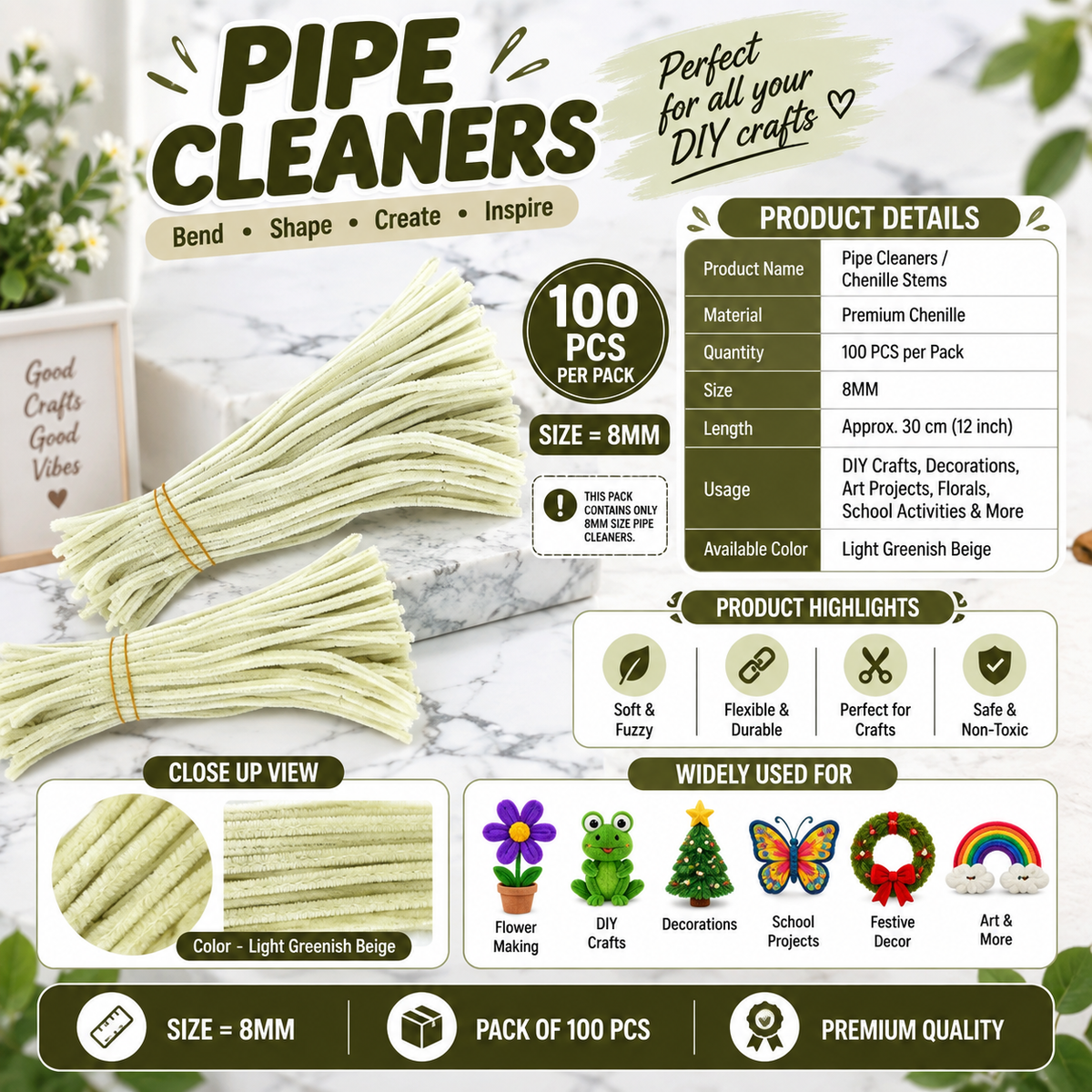 Chiffon White Colour Pipe Cleaner 8mm - Thick Chenille Stem Fluffy Craft Wire