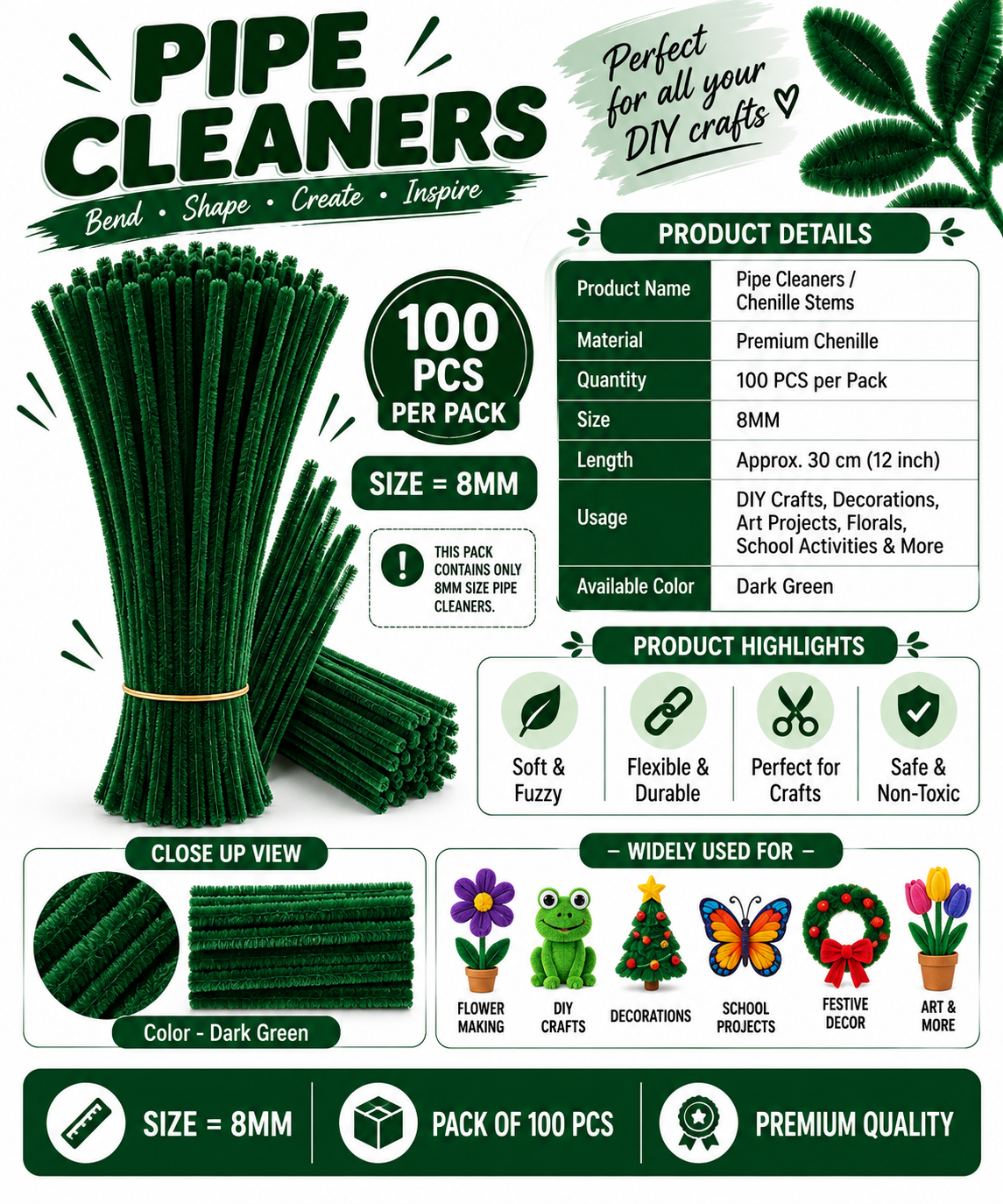 Dark Green Colour Pipe Cleaner 8mm - Thick Chenille Stem Fluffy Craft Wire