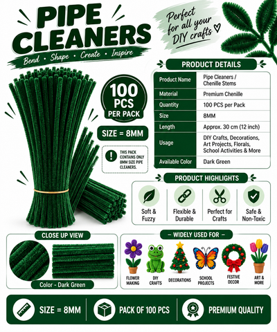Dark Green Colour Pipe Cleaner 8mm - Thick Chenille Stem Fluffy Craft Wire