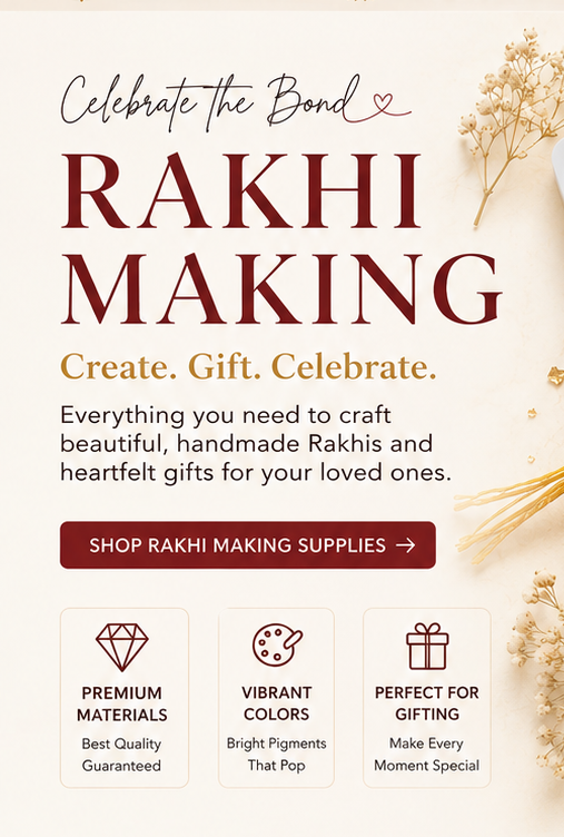 A promotional banner for TCS Molds Resin Art & Candle Making Supplies, featuring a 'Rakhi Making' theme. The layout includes a white plastic mold, resin bottles labeled A and B, pigment drops, and various decorative threads and embellishments, set against a warm beige background with elegant text and icons.
