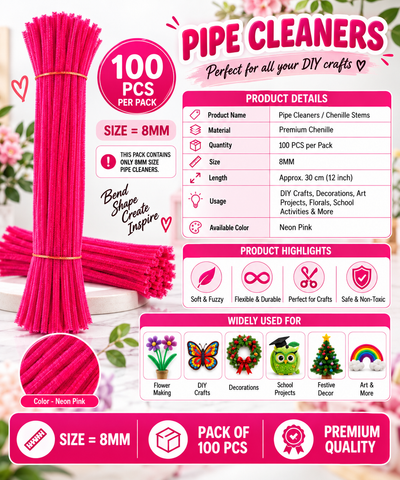 Neon Pink Colour Pipe Cleaner 8mm | Thick Chenille Stem | Fluffy Craft Wire
