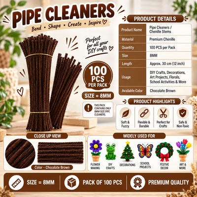 Chocolate Brown Colour Pipe Cleaner 8mm - Thick Chenille Stem Fluffy Craft Wire