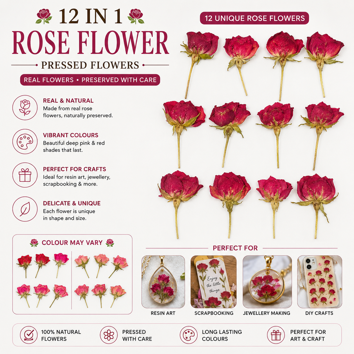 12 In 1 Dry Real Flowers Roses for Resin Art | Premium Epoxy Resin Supplier India