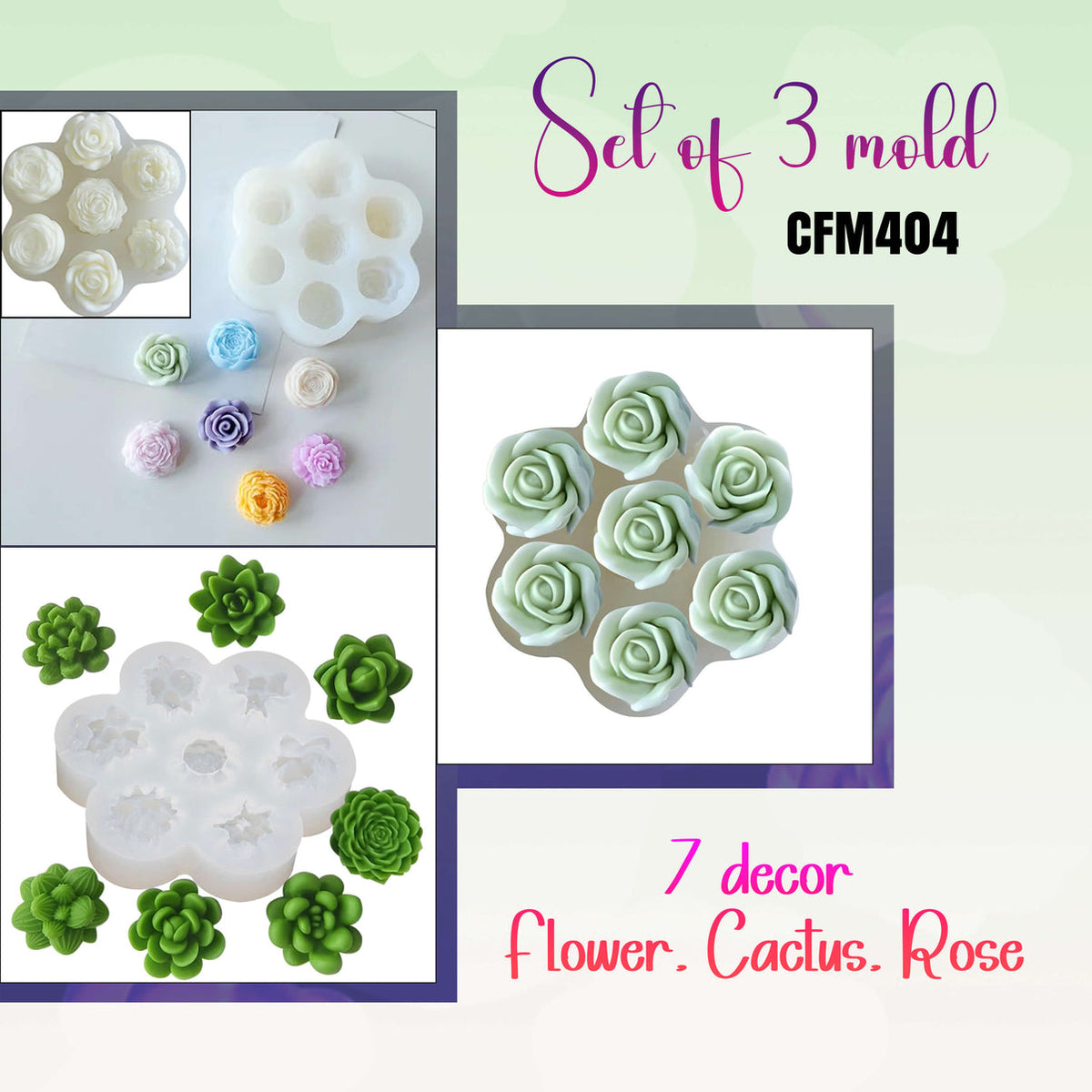 Flower, Cactus,Rose set of 3
